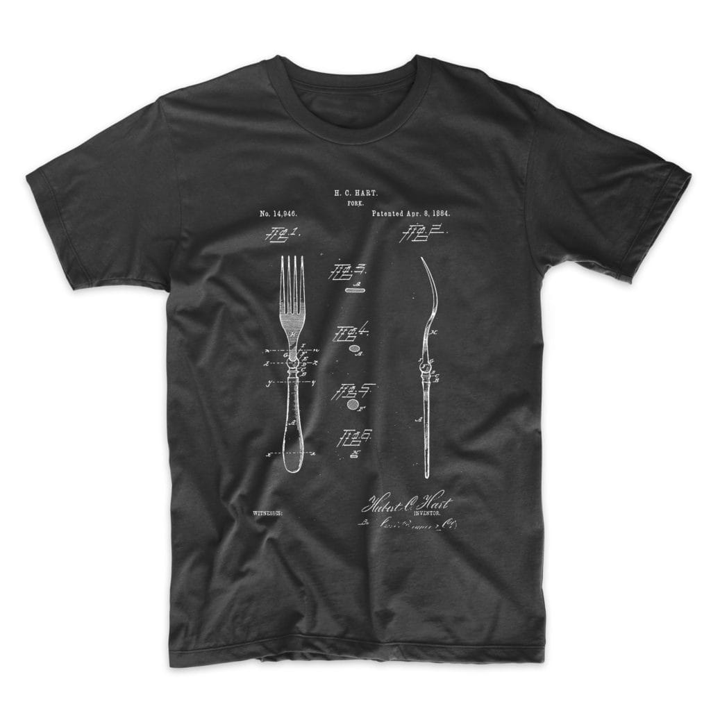 Product image of black t-shirt with white print of the original fork patent drawing
