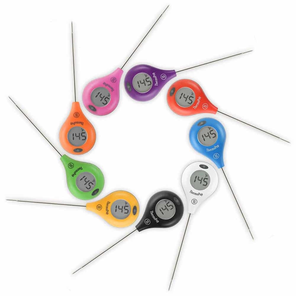 Eight different ThermoWorks ThermoPop probe thermometers in a variety of colors on a white background.