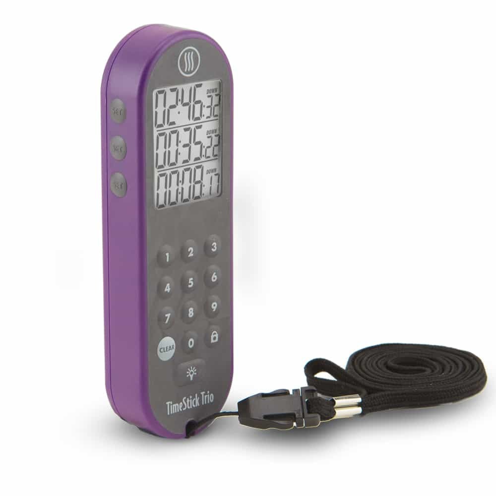 A purple ThermoWorks TimeStick Trio handheld Chef's timer with a black lanyard